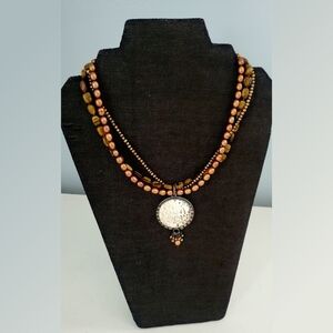 Silpada N1838 Retired Brass Round Pendant Necklace Tigers Eye/ Fresh Water Pearl